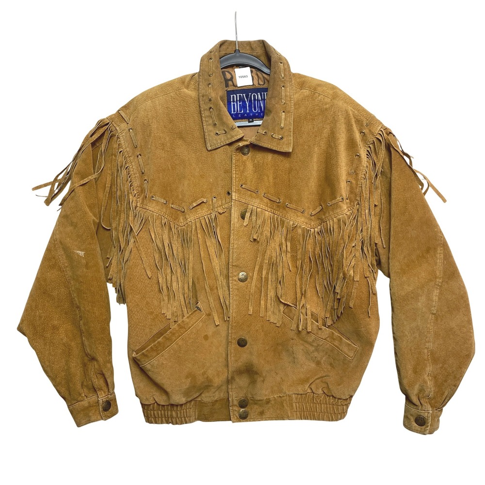 Beyond Leather Western Jacket Mens Medium Brown Tan Suede Fringe Cowboy